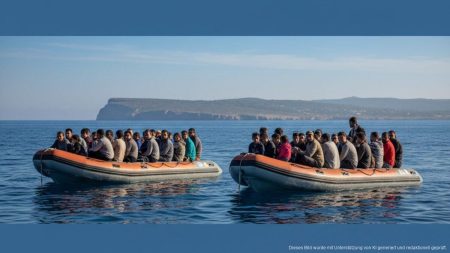 Zwei kleine Boote mit geretteten Migranten vor der Küste der Balearen auf dem Mittelmeer