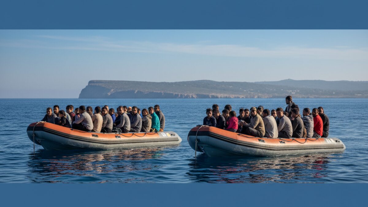 Zwei kleine Boote mit geretteten Migranten vor der Küste der Balearen auf dem Mittelmeer