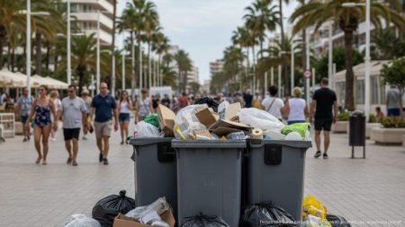 Müllberge in Mallorcas Touristenhotspot sorgen für Empörung Überquellende Müllcontainer und verstreuter Abfall in Touristenviertel Arenal de Llucmajor auf Mallorca, sichtbar sind Hotels und Palmen im Hintergrund