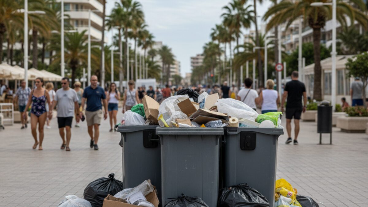 Überquellende Müllcontainer und verstreuter Abfall in Touristenviertel Arenal de Llucmajor auf Mallorca, sichtbar sind Hotels und Palmen im Hintergrund