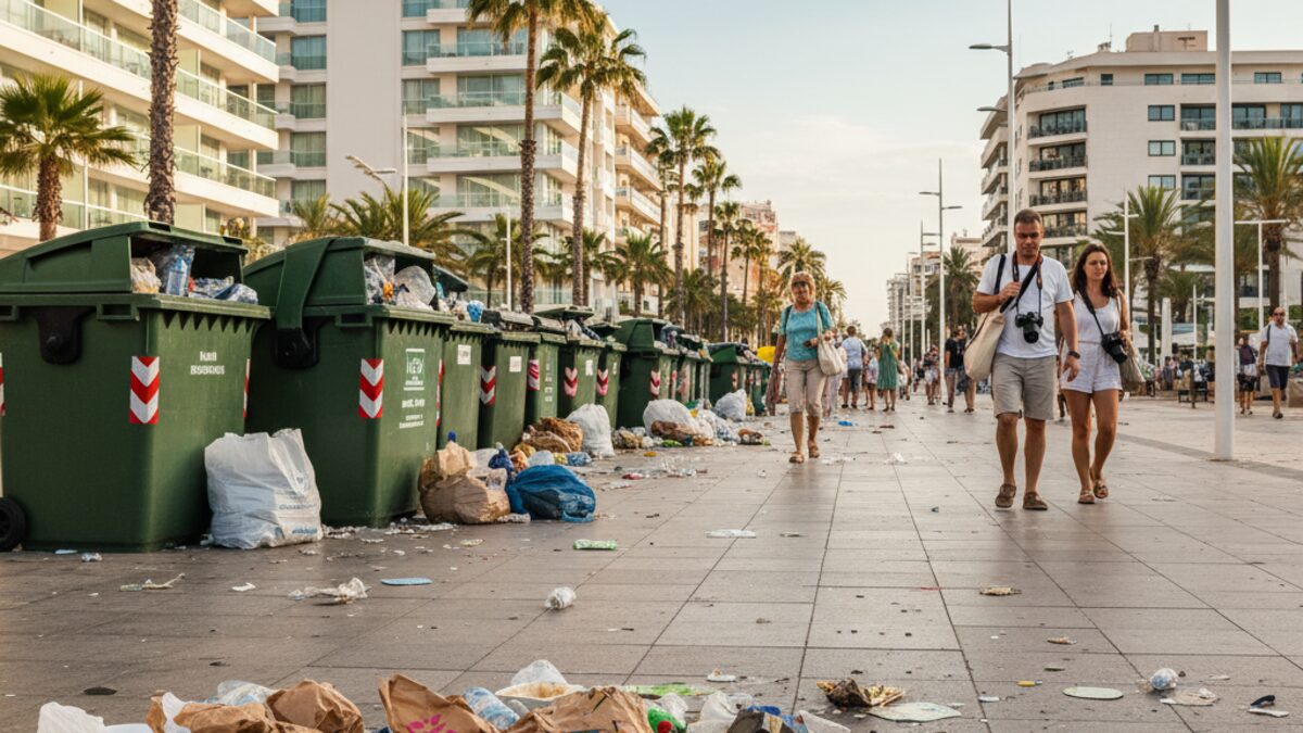 Straßenszene auf Mallorca mit Müllbergen und Hotelgebäuden im Hintergrund, die das Müllproblem an der Playa de Palma zeigen
