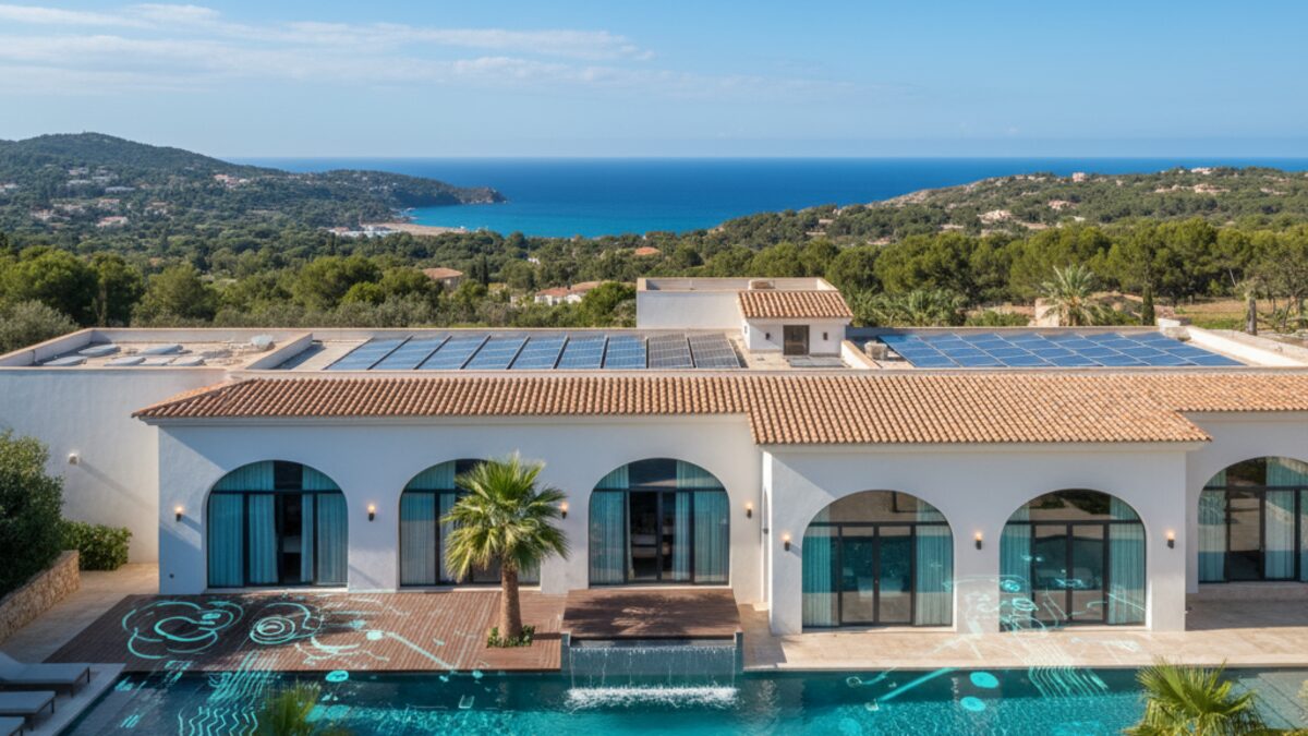 Modernes Hotel auf Mallorca mit nachhaltiger Technologie wie Solarpanels und digitalen Überwachungssystemen für Energie- und Wasserverbrauch