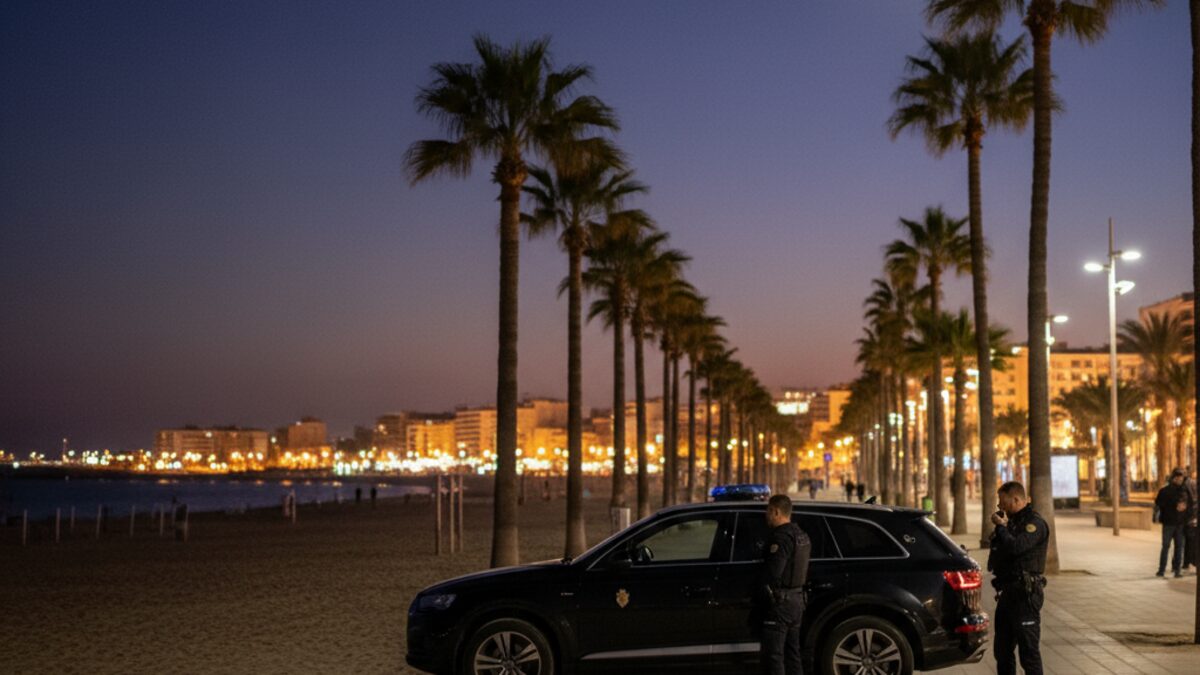 Nächtliche Szene an der Playa de Palma mit Polizeibeamten in Zivil in einem ruhigen Bereich nahe Bars und Hotels