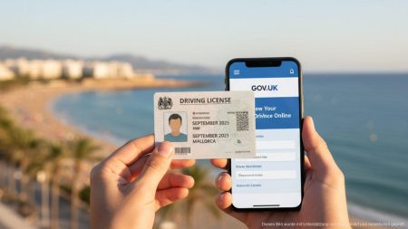Neue DVLA-Regeln betreffen britische Fahrer auf Mallorca Britischer Führerschein vor mediterranem Mallorca-Hintergrund mit digitalem Online-Antragsbildschirm, symbolisiert neue DVLA-Regeln zur Führerscheinverlängerung ab 2025