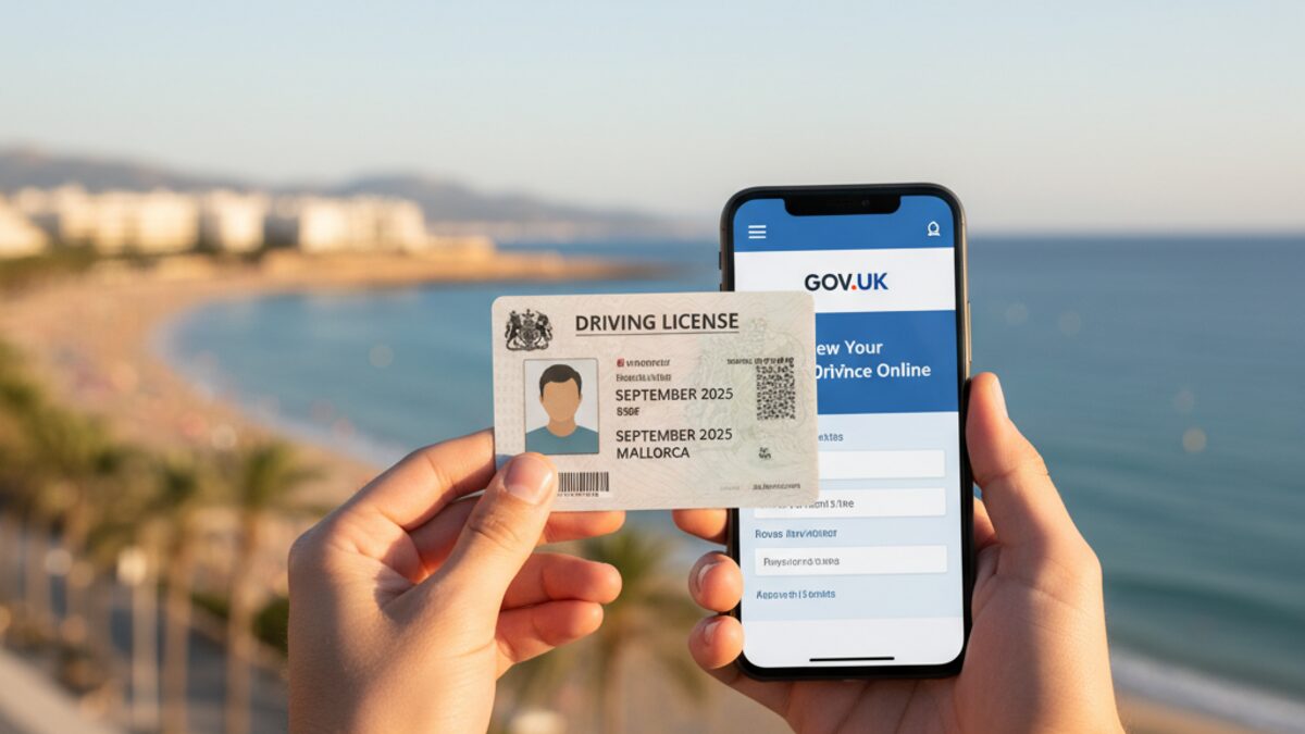 Britischer Führerschein vor mediterranem Mallorca-Hintergrund mit digitalem Online-Antragsbildschirm, symbolisiert neue DVLA-Regeln zur Führerscheinverlängerung ab 2025