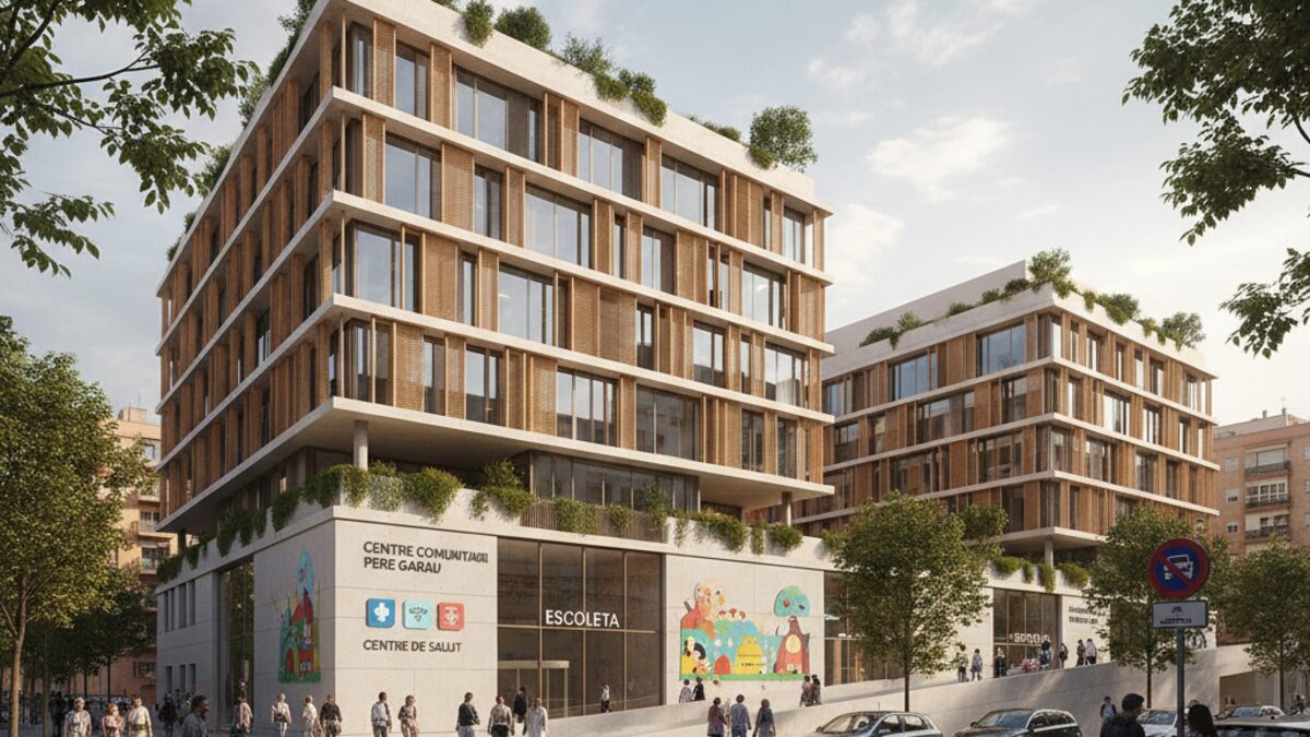 Moderne multifunktionale Gemeindewache mit Polizei, Gesundheitszentrum und Bibliothek im Stadtteil Pere Garau in Palma