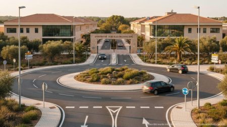 Moderne Rotonde an der Zufahrt zur Universitat de les Illes Balears auf Mallorca zur Verbesserung der Verkehrssicherheit