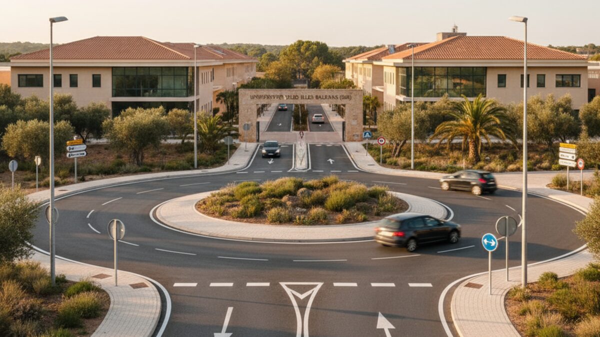 Moderne Rotonde an der Zufahrt zur Universitat de les Illes Balears auf Mallorca zur Verbesserung der Verkehrssicherheit