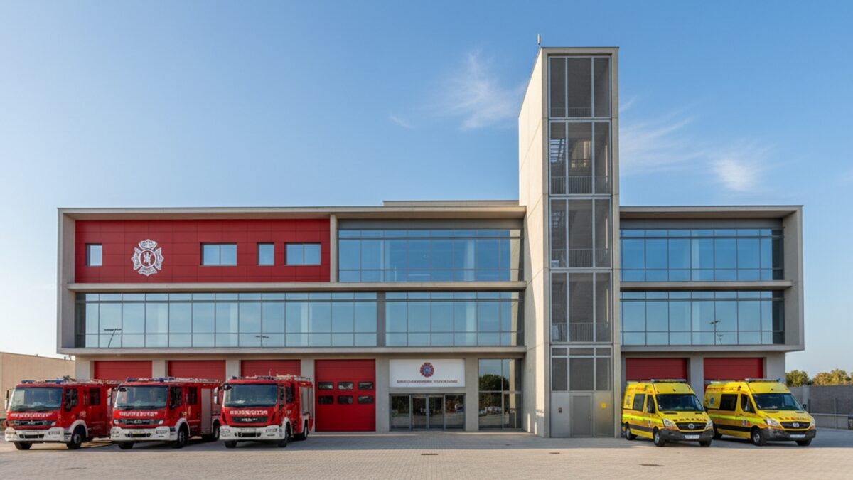 Moderner neuer Feuerwehrpark in Manacor auf Mallorca mit Übungsturm und geparkten Einsatzfahrzeugen, Symbol für erhöhte Sicherheit und moderne Ausrüstung