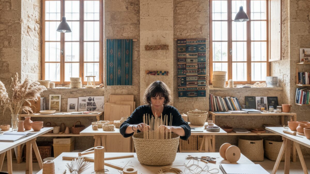 Atelier der Escuela Artesana in Inca mit einer Person beim traditionellen Korbflechten auf Mallorca