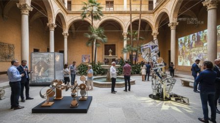 Kultureller Höhepunkt in Palma: Nit de l’Art beeindruckt mit Vielfalt Kunstinstallation im historischen Innenhof des Casal Solleric in Palma während der Nit de l’Art mit Besuchern und abstrakten modernen Kunstwerken
