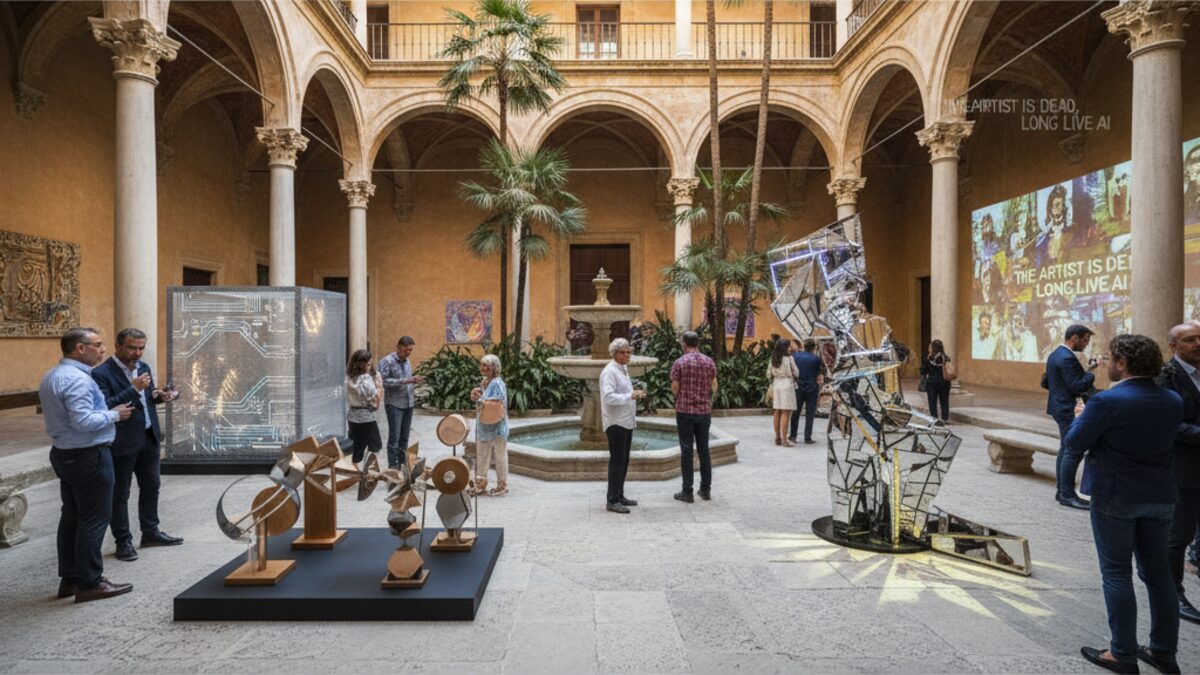Kunstinstallation im historischen Innenhof des Casal Solleric in Palma während der Nit de l’Art mit Besuchern und abstrakten modernen Kunstwerken