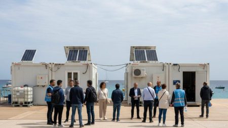 Temporäre Modulbauten und humanitäre Versorgung an einer Anlegestelle auf den Balearen aufgrund des Notstands wegen Migration 2025