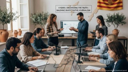 Ein modernes Nachrichtenbüro auf den Balearen, in dem ein diverses Team von Journalisten unabhängige investigative Berichterstattung feiert