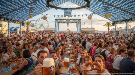 Oktoberfest auf Mallorca: Zehn Tage bayerisches Flair auf der Insel Bunte Oktoberfestfeier auf Mallorca mit blau-weiß dekoriertem Festzelt, Gästen, traditioneller bayerischer Küche und Hofbräu Bier in Maßkrügen