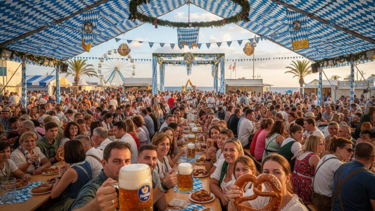 Bunte Oktoberfestfeier auf Mallorca mit blau-weiß dekoriertem Festzelt, Gästen, traditioneller bayerischer Küche und Hofbräu Bier in Maßkrügen