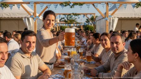 Oktoberfest auf Mallorca: Gesundheitsrisiken beim Maßbiertrinken Besucher auf Mallorca Oktoberfest mit Maß Bier in der Hand, gesundheitsbewusste Atmosphäre im Freien