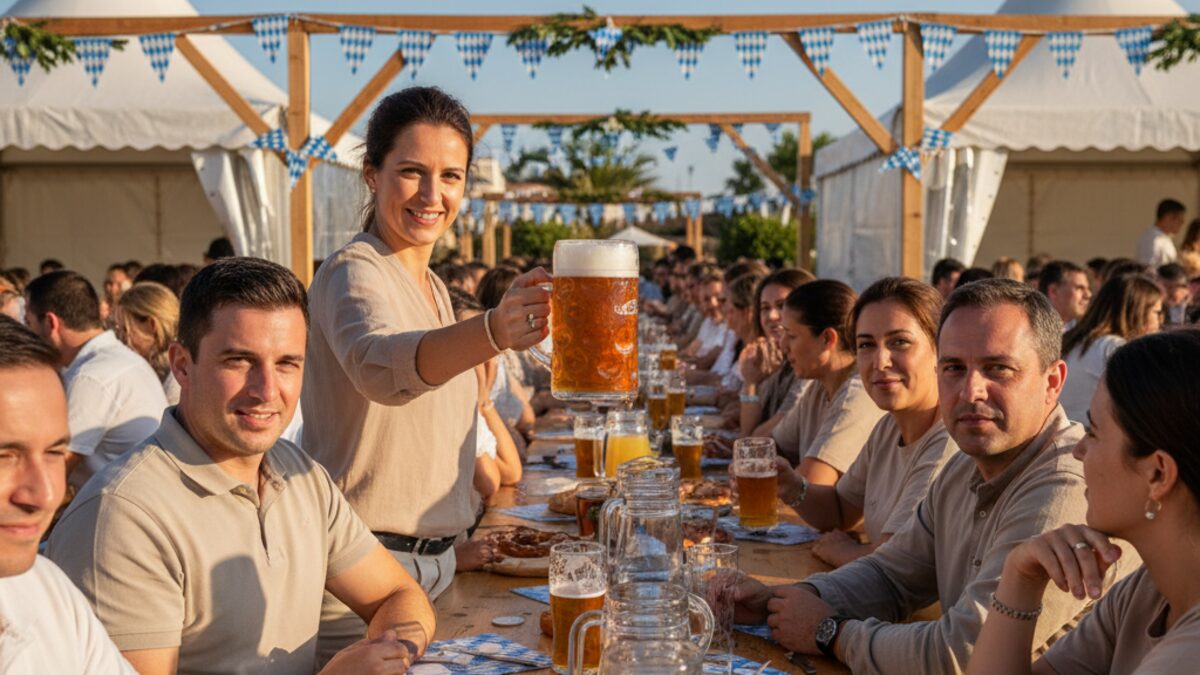 Besucher auf Mallorca Oktoberfest mit Maß Bier in der Hand, gesundheitsbewusste Atmosphäre im Freien