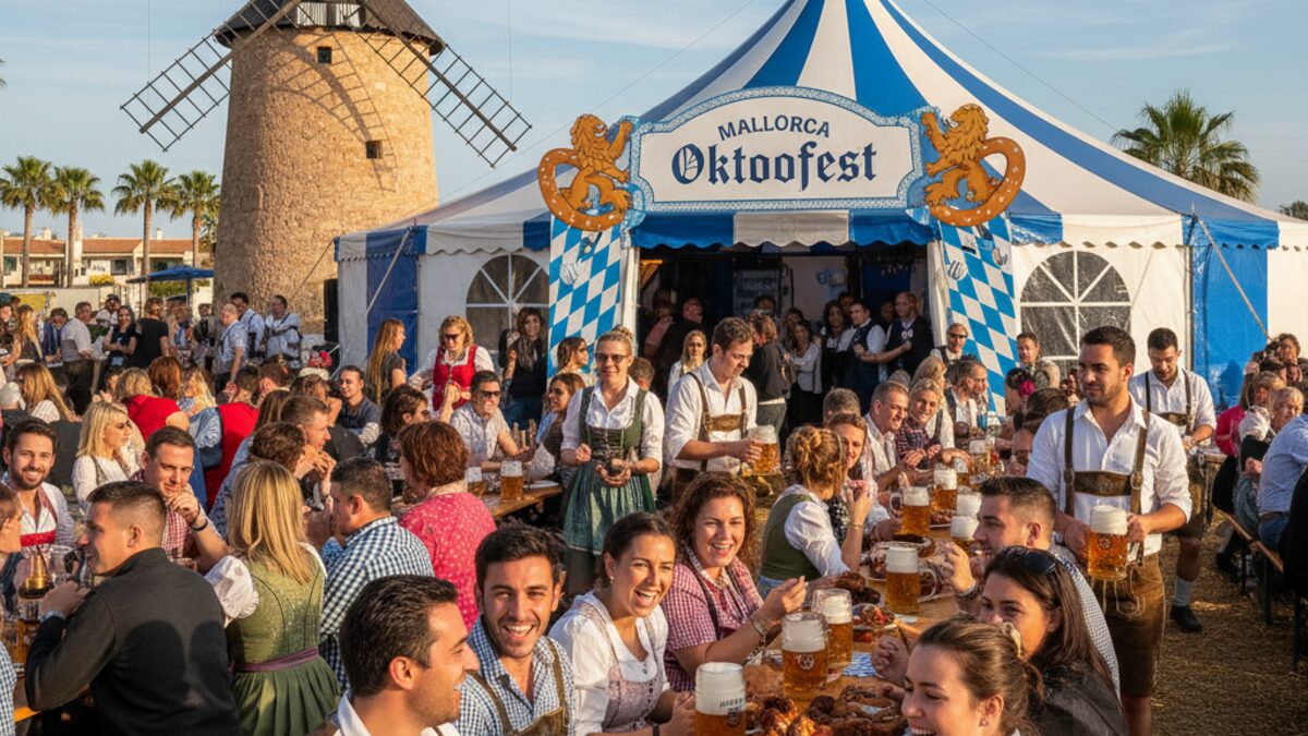 Oktoberfest auf Mallorca in Santa Ponsa mit blau-weißem Festzelt, traditioneller Tracht, bayerischem Bier und Speisen wie Brathähnchen und Brezeln