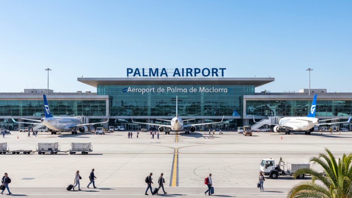 Palma de Mallorca Flughafen mit deutlich sichtbarem Namensschild 'Palma Airport' auf dem Terminalgebäude an einem klaren Tag