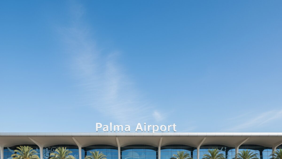 Der Haupteingang des Flughafens Palma mit klarer Beschilderung "Palma Airport" vor blauem Himmel, symbolisch für die Debatte um die Namensänderung des Flughafens in Palma.