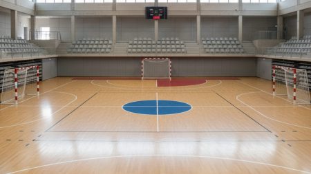 Innenaufnahme des Poliesportiu Galatzó in Calvià mit einem Futsal-Spielfeld und begrenzten Zuschauerplätzen während der Spielverlegung von Palma Futsal