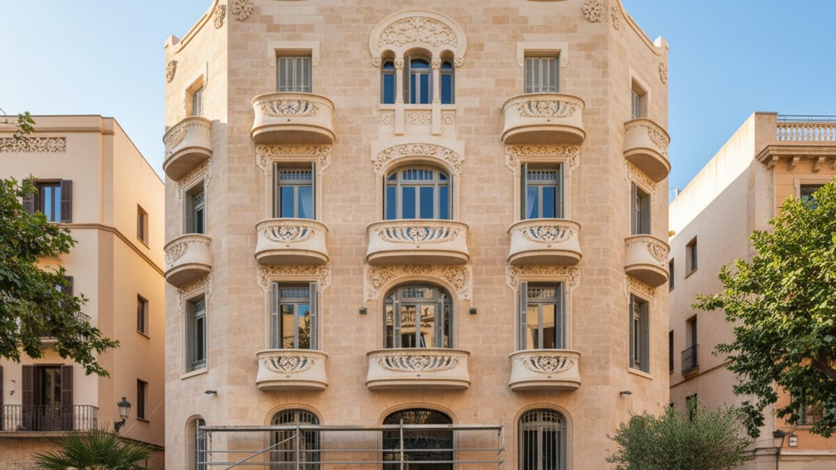 Sauberes, professionell gereinigtes historisches Gebäude in Palma de Mallorca nach Entfernung von Graffiti am hellen Sommertag