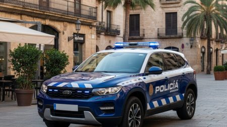 Palma investiert über eine Million Euro in Polizeifahrzeuge Moderner Polizeisuv in Palma vor mediterraner Stadtkulisse als Symbol für neue Investitionen in Polizeifahrzeuge
