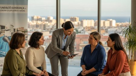 Palmas Kampf gegen sexuelle Ausbeutung: Jährlicher Bericht enthüllt Zahlen Sozialarbeiter unterstützt mehrere Frauen in Palma bei der Bekämpfung von sexueller Ausbeutung vor städtischem Hintergrund