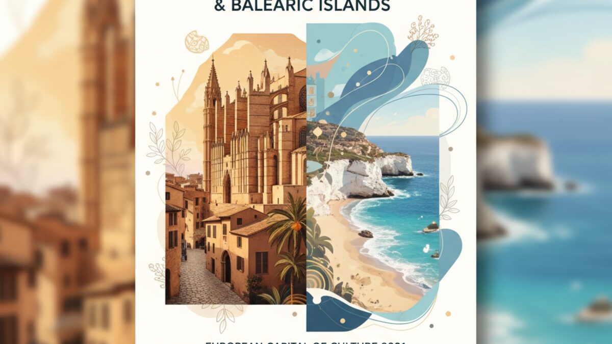 Künstlerische Darstellung von Palmas kulturellen Wahrzeichen und den Balearen im mediterranen Sonnenlicht als Kandidatur zur Europäischen Kulturhauptstadt 2031