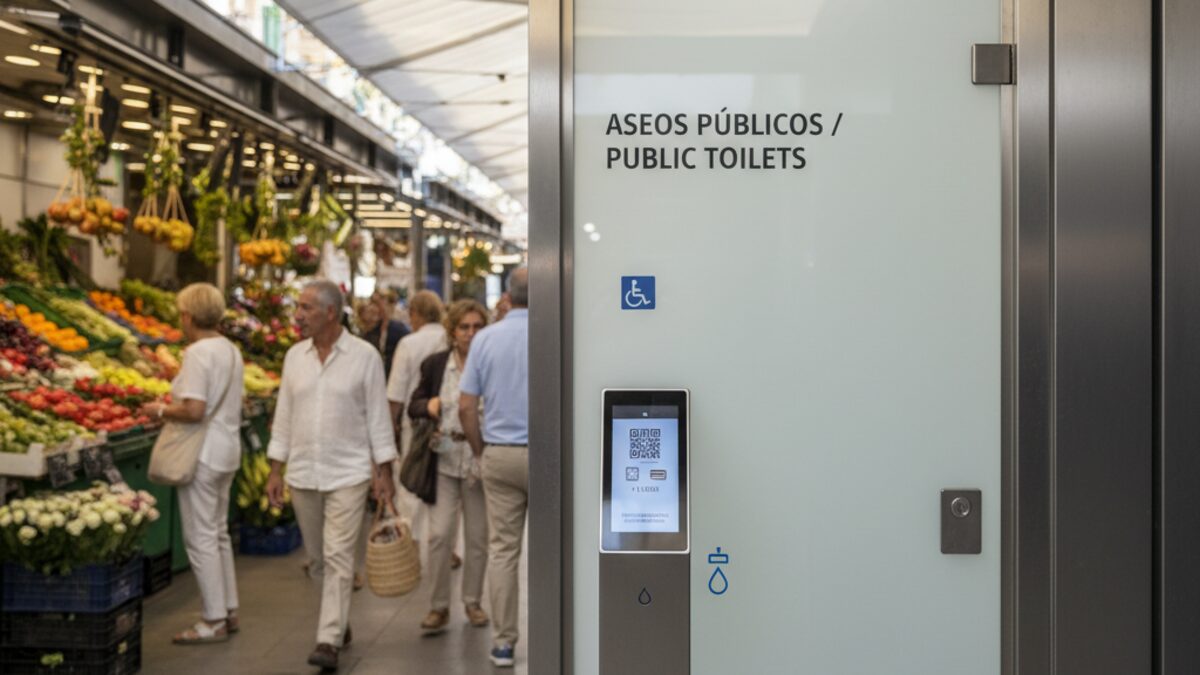 Eingang zu einer sauberen öffentlichen Toilette auf dem Mercado del Olivar in Palma mit QR-Code-Zugangssystem und Markthintergrund