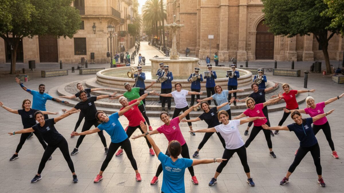 Teilnehmer eines gesunden Spaziergangs bei der Europäischen Mobilitätswoche in Palma, mit physiotherapeutischer Aufwärmung auf der Plaza de España und städtischer Musikband im Hintergrund