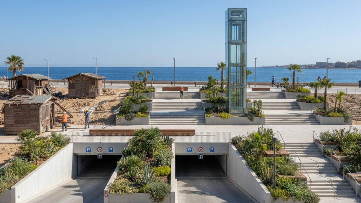 Moderne öffentliche Terrassen mit Bänken und Vegetation an der restaurierten Costa del Teatre in Palma, mit Glaspanoramaaufzug und neu gestalteten Zugängen zur Plaza Mayor