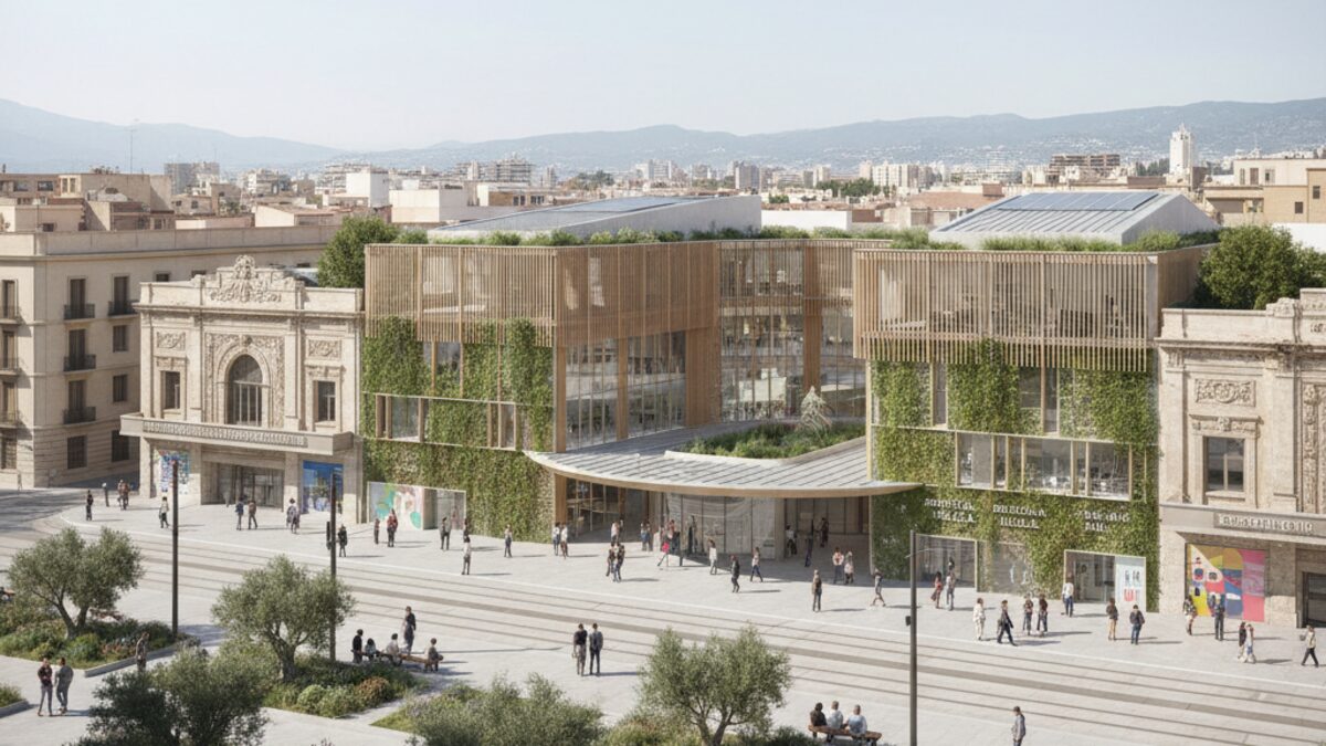 Modernes Bürgerzentrum in Palma auf dem Gelände des ehemaligen Metropolitan-Kinos mit grünen Außenbereichen und multifunktionaler Architektur.