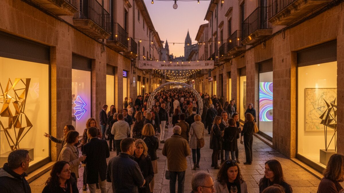 Abendliche Szene der Nit de l'Art 2025 in Palma mit Besuchern vor geöffneten Kunstgalerien in historischen Straßen Mallorcas
