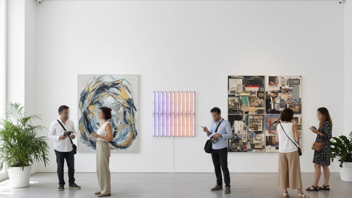 Innenaufnahme einer modernen Kunstgalerie mit zeitgenössischen Kunstwerken während der Nit de l'Art in Palma