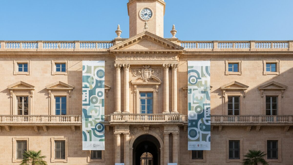 Das Rathaus von Palma bei Tageslicht mit Hinweisen auf kulturelle Veranstaltungen und einer ruhigen, offiziellen Atmosphäre