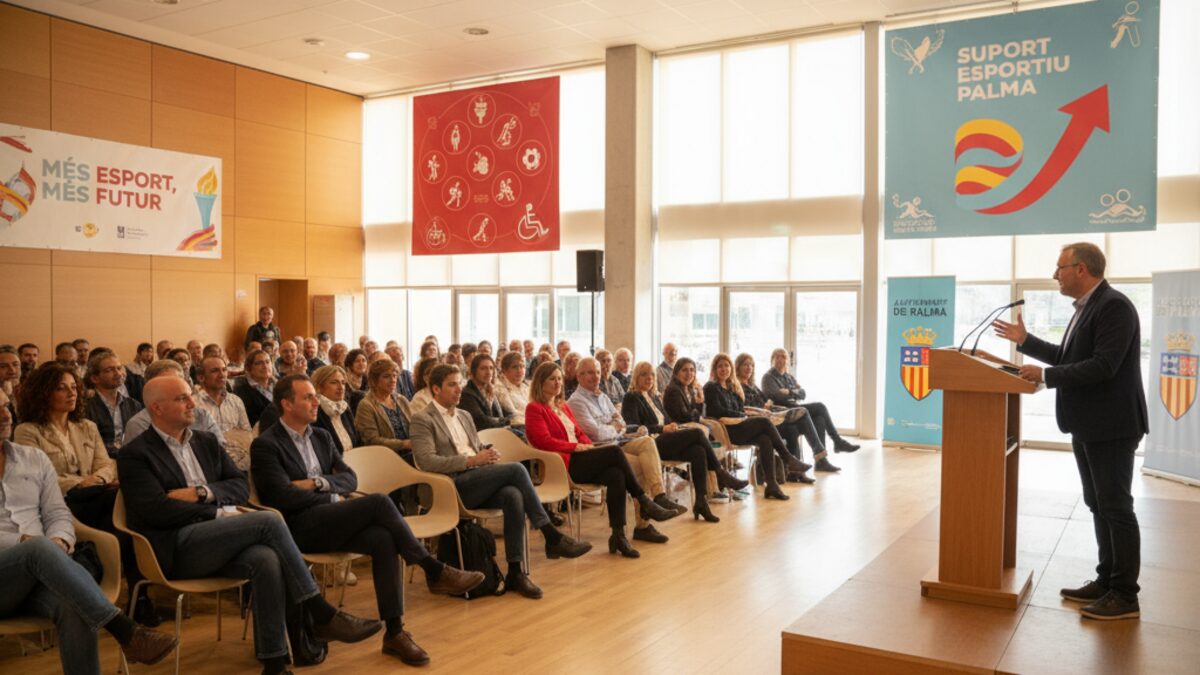 Informationsveranstaltung zur Sportförderung in Palma mit vielfältigen Vereinsvertretern und Sprecher am Podium im Fokus