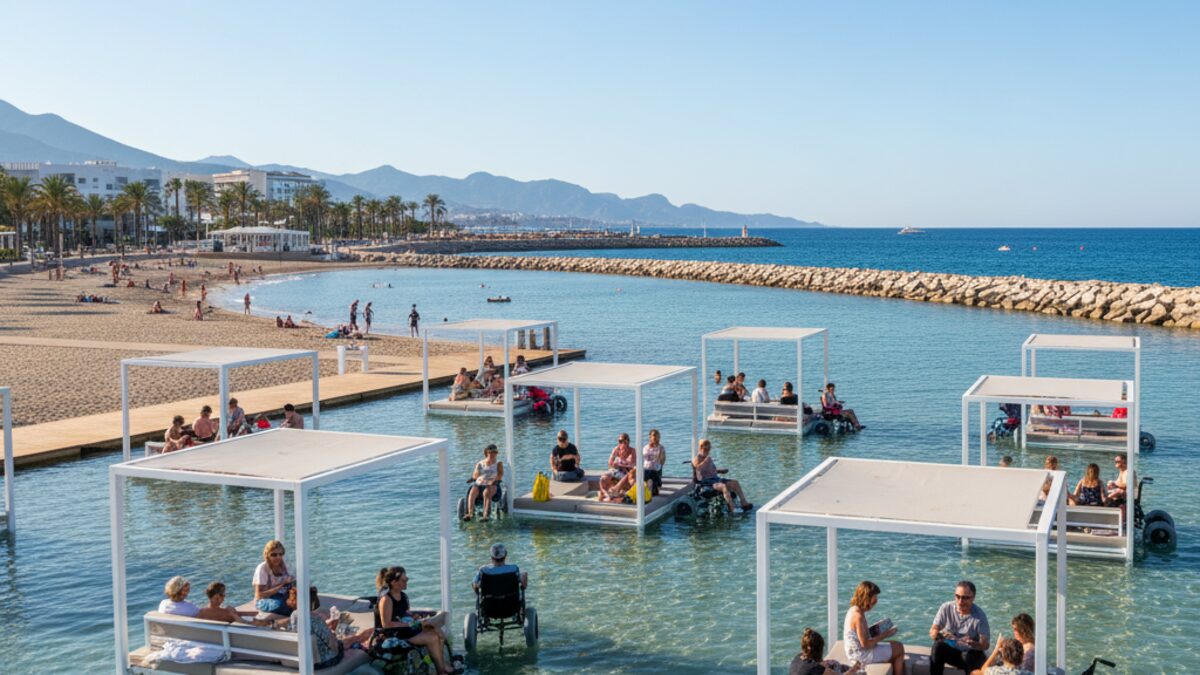 Barrierefreie, schattige Sitzbereiche im Meer am Strand Cala Estancia in Palma mit Menschen und Mobilitätshilfen unter Sonnenschutz