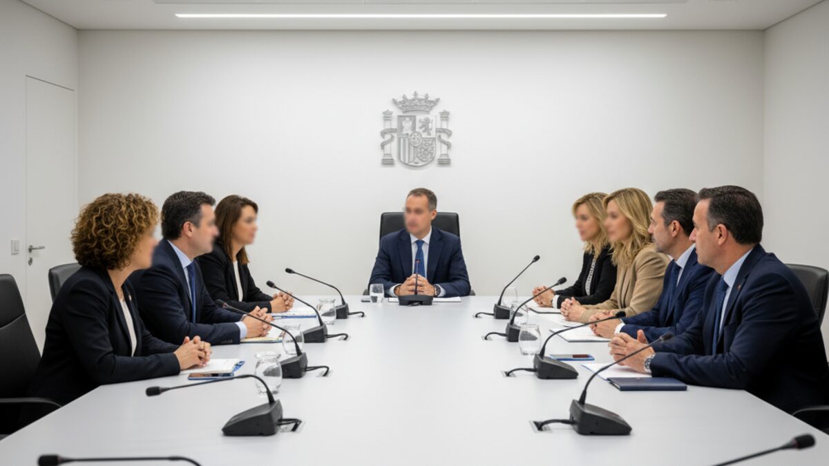 Moderne Stadtratssitzung in Palma mit neutralen Personen in professionellem Sitzungssaal zur Unterstützung der Polizei im Fall Cursach