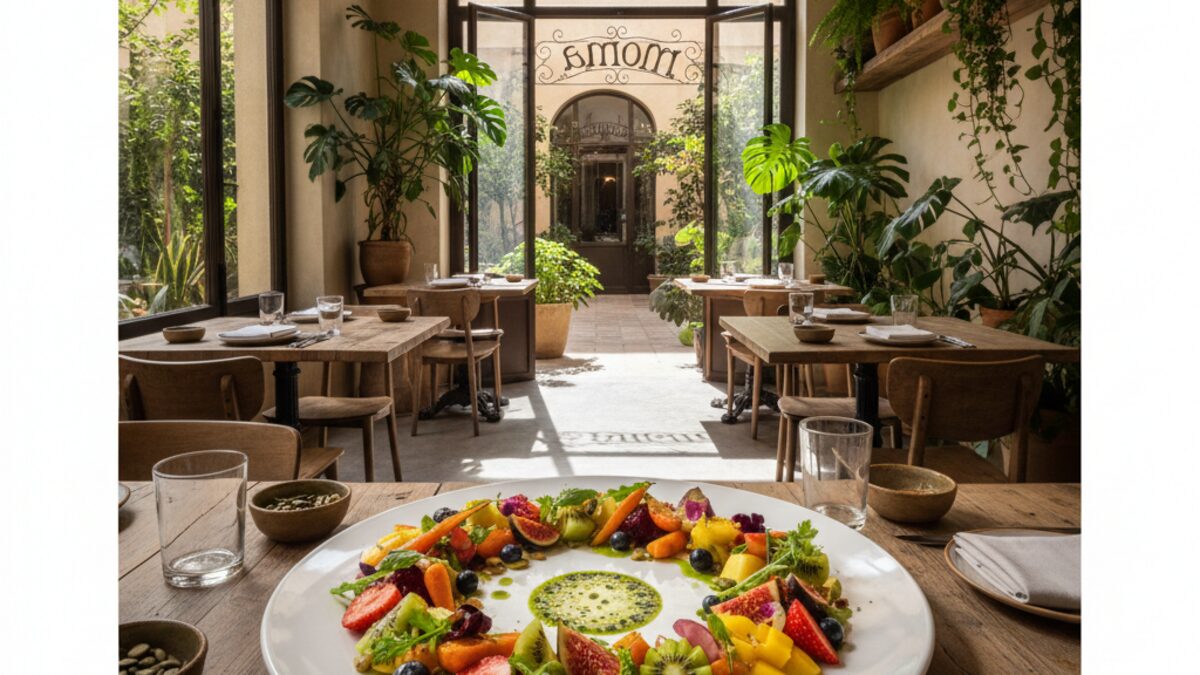 Vegetarisch angerichtetes Gericht mit frischem Obst und Gemüse im nachhaltigen Restaurant Mouna in Palma, umgeben von natürlichem Licht und grünen Pflanzen
