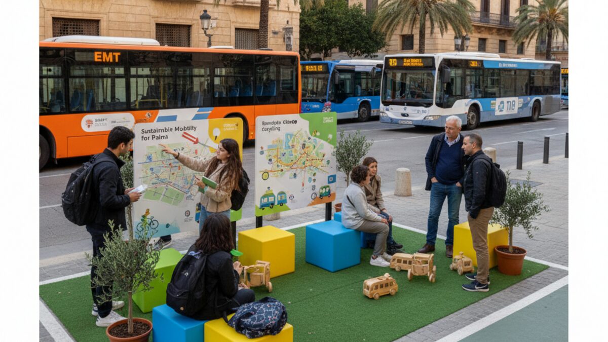 Kreativ gestalteter Parkplatz in Palma während Park(ing) Day 2025 mit Menschen, Bildungsständen und Bussen für nachhaltige Mobilität