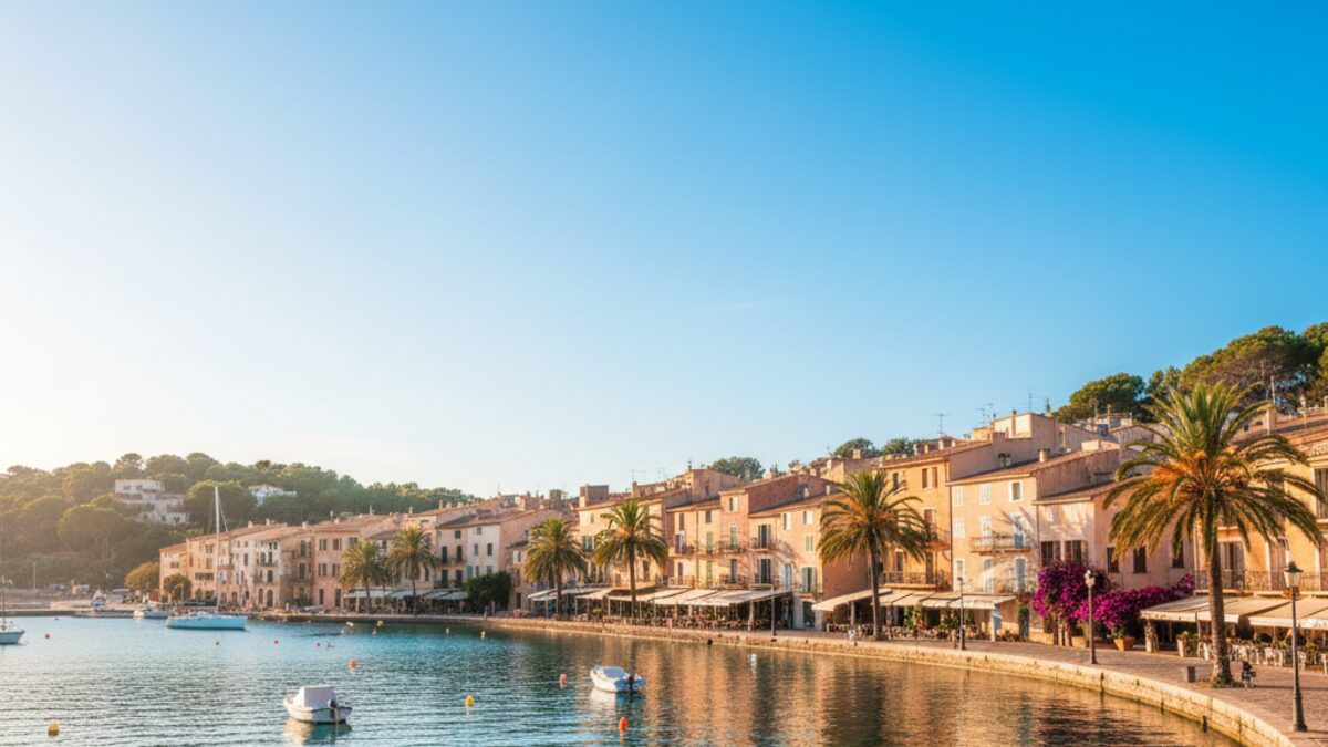Sonniger klarer Himmel über dem Hafen von Port d'Andratx auf Mallorca an einem warmen Tag im September 2025