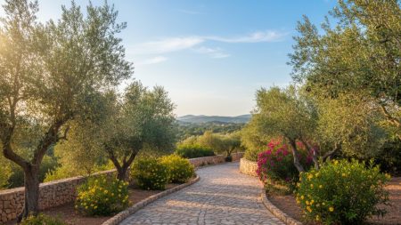 Perfektes Wetter am 29. September in Santanyí auf Mallorca Klarer sonniger Tag mit blauem Himmel, mediterraner Vegetation und einem einladenden Weg in Santanyí auf Mallorca am 29. September
