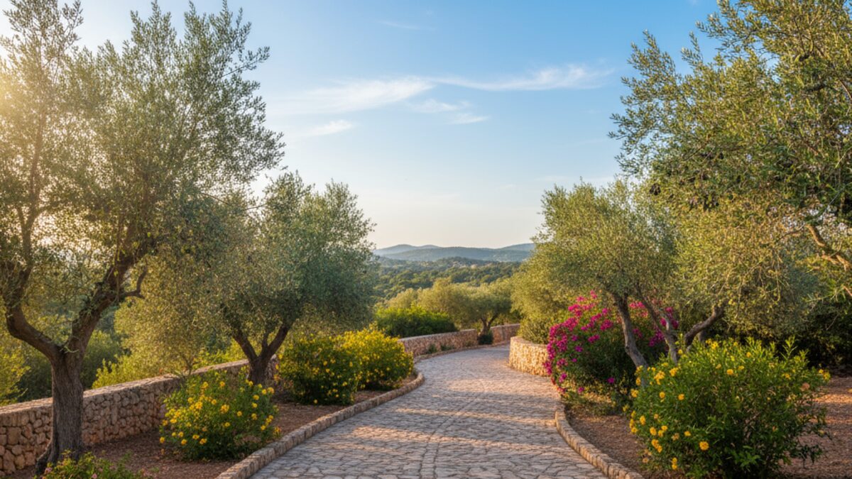 Klarer sonniger Tag mit blauem Himmel, mediterraner Vegetation und einem einladenden Weg in Santanyí auf Mallorca am 29. September
