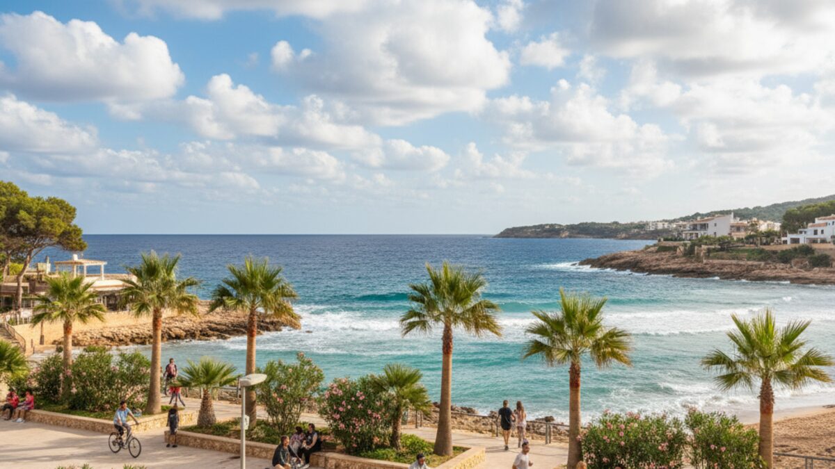 Perfektes Wetter in Cala Rajada mit Menschen bei Outdoor-Aktivitäten an der Küste von Mallorca unter leicht bewölktem Himmel