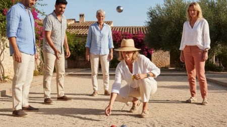 Menschen spielen Petanca auf einem sonnigen Spielfeld auf Mallorca, umgeben von mediterraner Landschaft