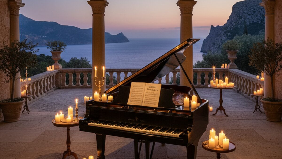 Ein beleuchteter Flügel bei Kerzenschein im historischen Son Marroig auf Mallorca, symbolisch für das Chopin Nocturnes Konzert von Piers Lane.