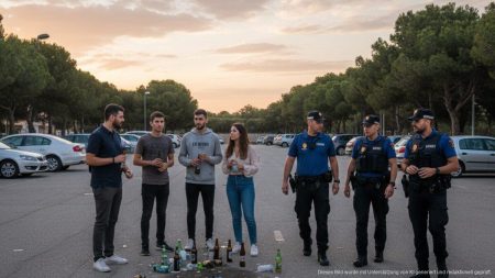 Polizei in Palma löst Treffen mit Alkoholpartys auf Polizeieinsatz am Morgen auf einem Parkplatz in Palma zur Auflösung einer Alkoholparty unter jungen Erwachsenen mit Alkoholflaschen und Polizei vor Ort