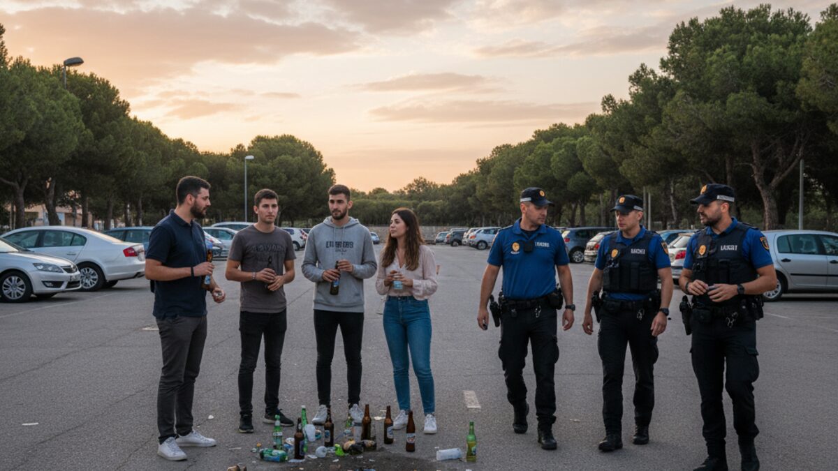 Polizeieinsatz am Morgen auf einem Parkplatz in Palma zur Auflösung einer Alkoholparty unter jungen Erwachsenen mit Alkoholflaschen und Polizei vor Ort